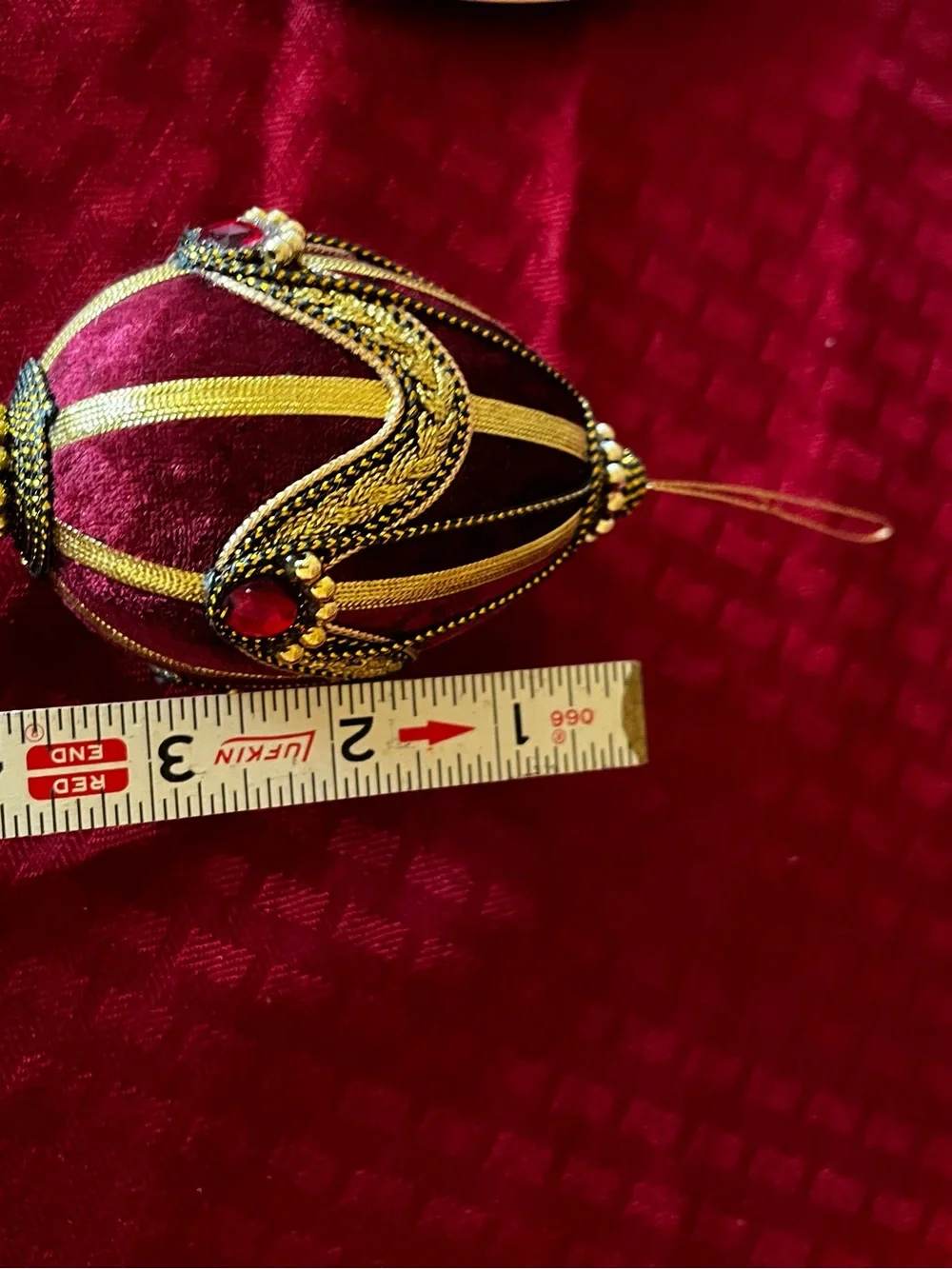 Holiday velvet ornaments with gold ribbon beadwork set of 3